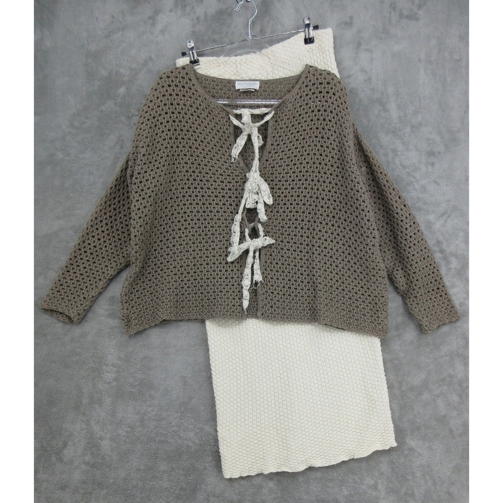 Lew‎ Magram Sweater Skirt Set Womens Size Large Open Knit Tie Cardigan Pencil